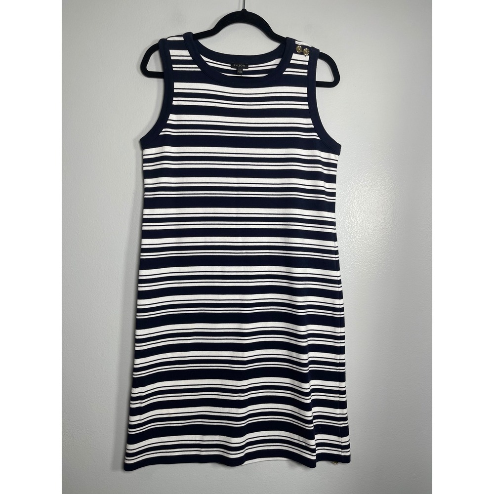 TALBOTS Striped Cotton Sleeveless Shift Dress Small Navy Blue White NEW Nautical
